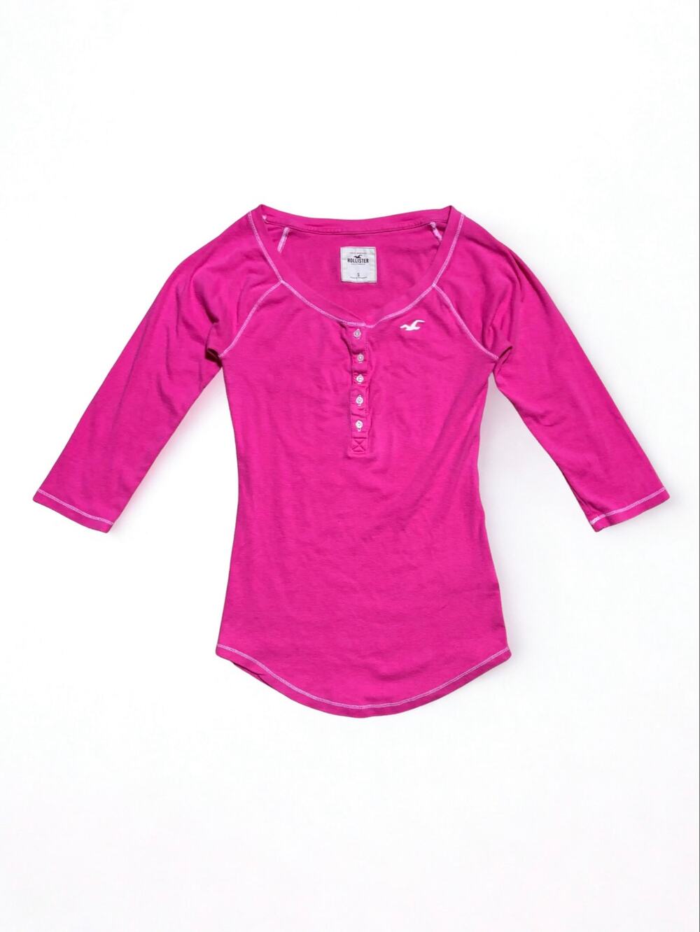 Vtg Y2K Hollister Hot Pink 3/4 Sleeve Henley White Contrast Stitch Seagull Logo